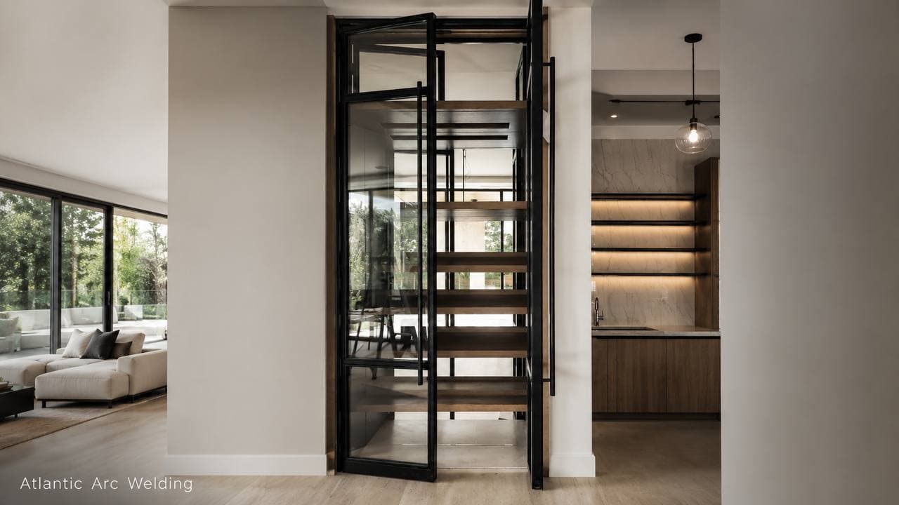 Custom steel-and-glass interior staircase enclosure