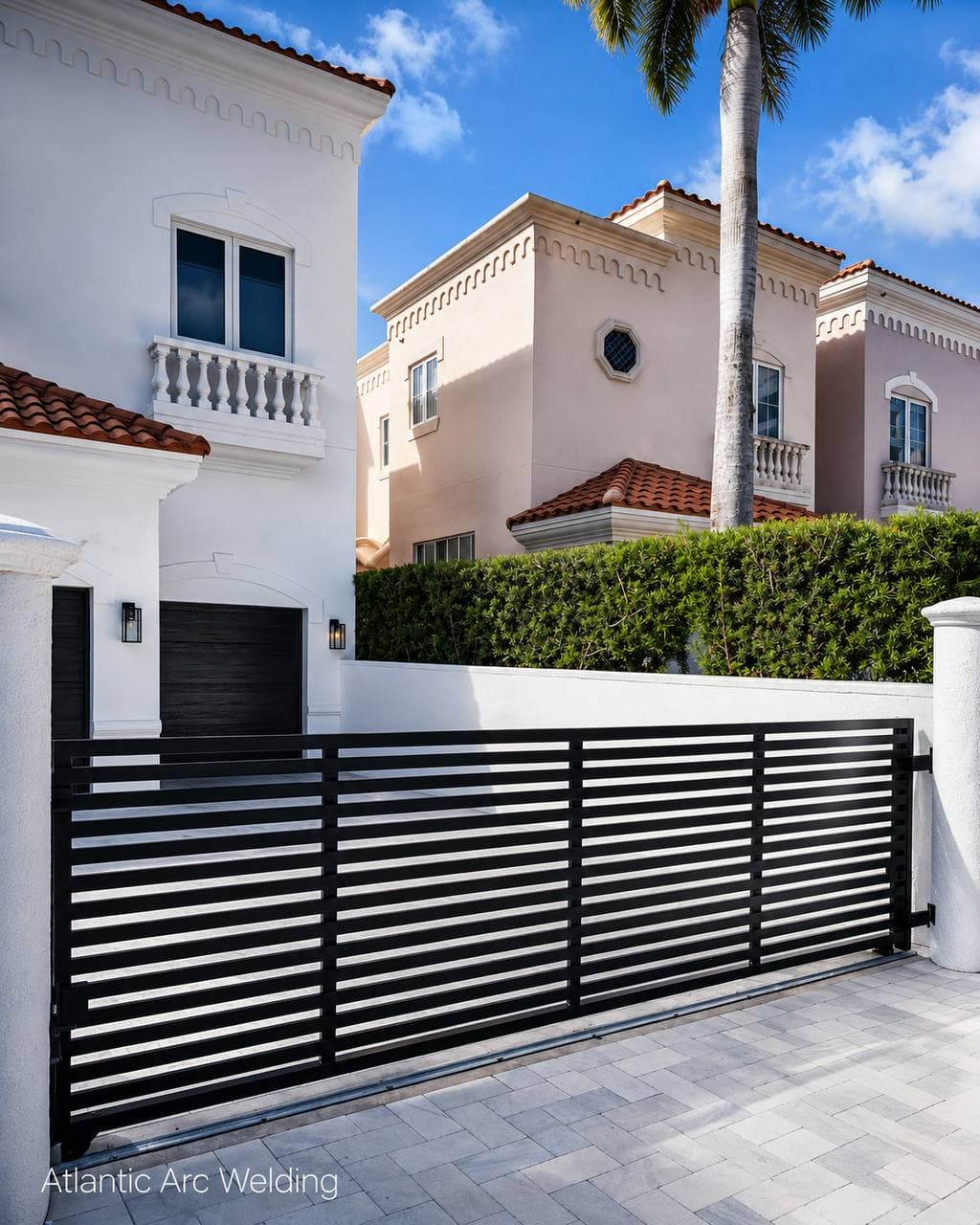 Custom black horizontal-slat metal driveway gate