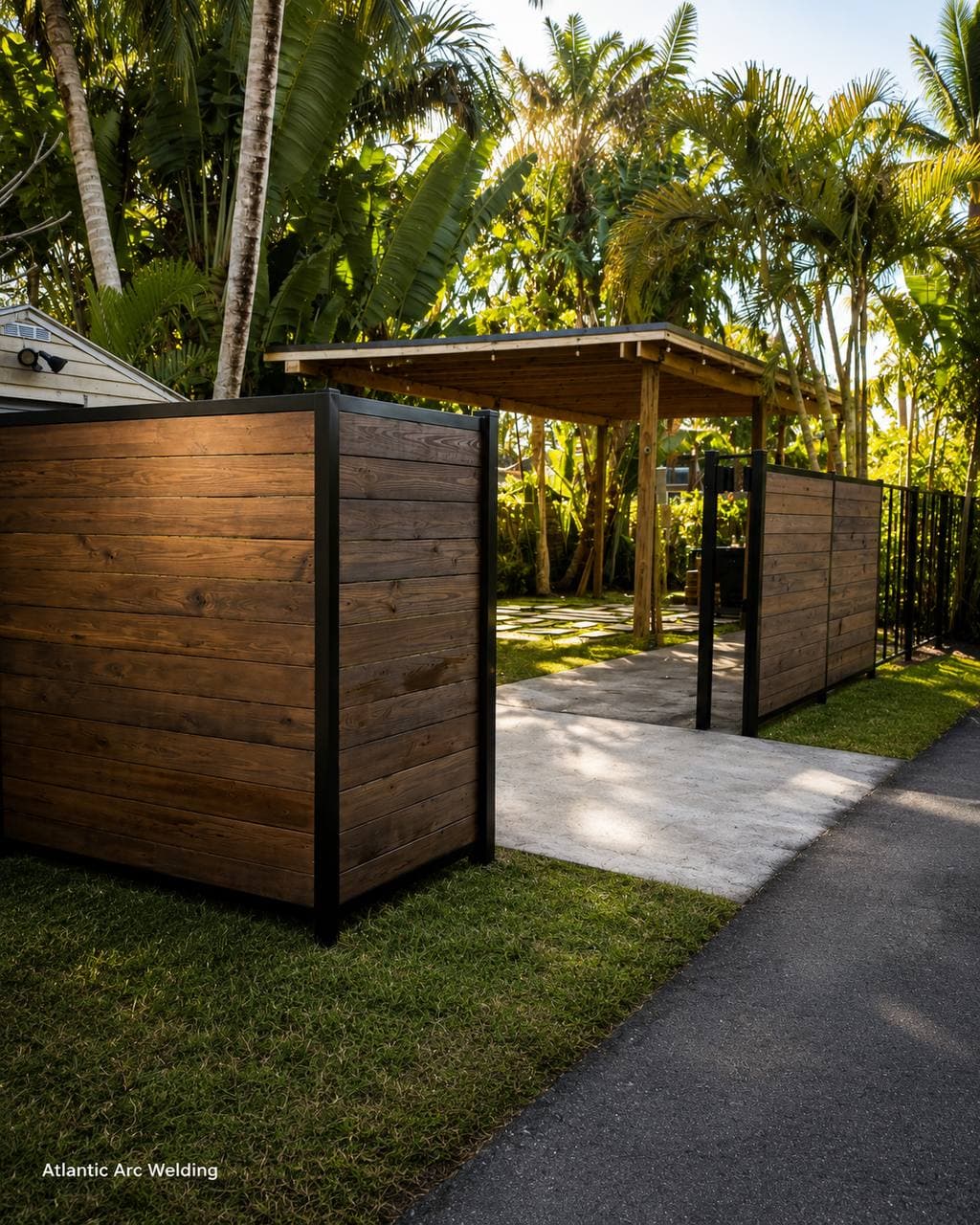 Steel-framed wood-slat privacy enclosures