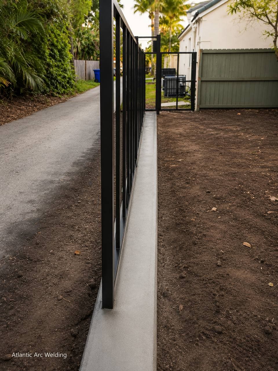 Welded metal perimeter fence on a concrete curb