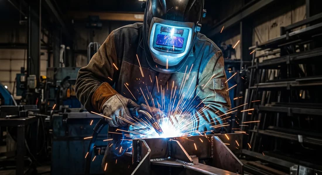 Welder striking an arc on steel with sparks flying in a workshop